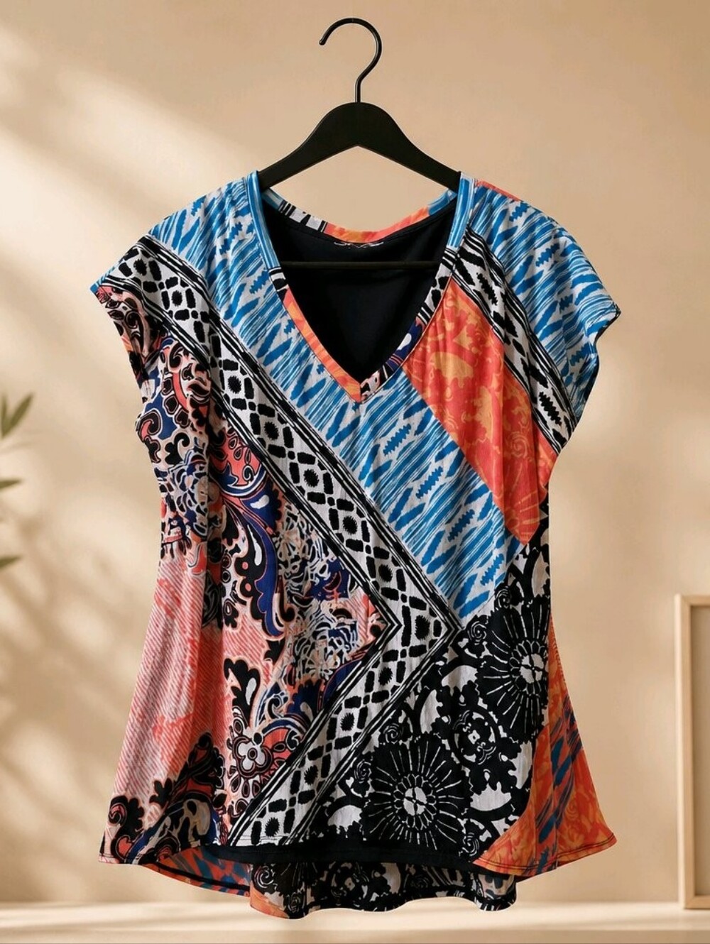 Women's Mixed-Print V-Neck Top in Blue and Coral #850